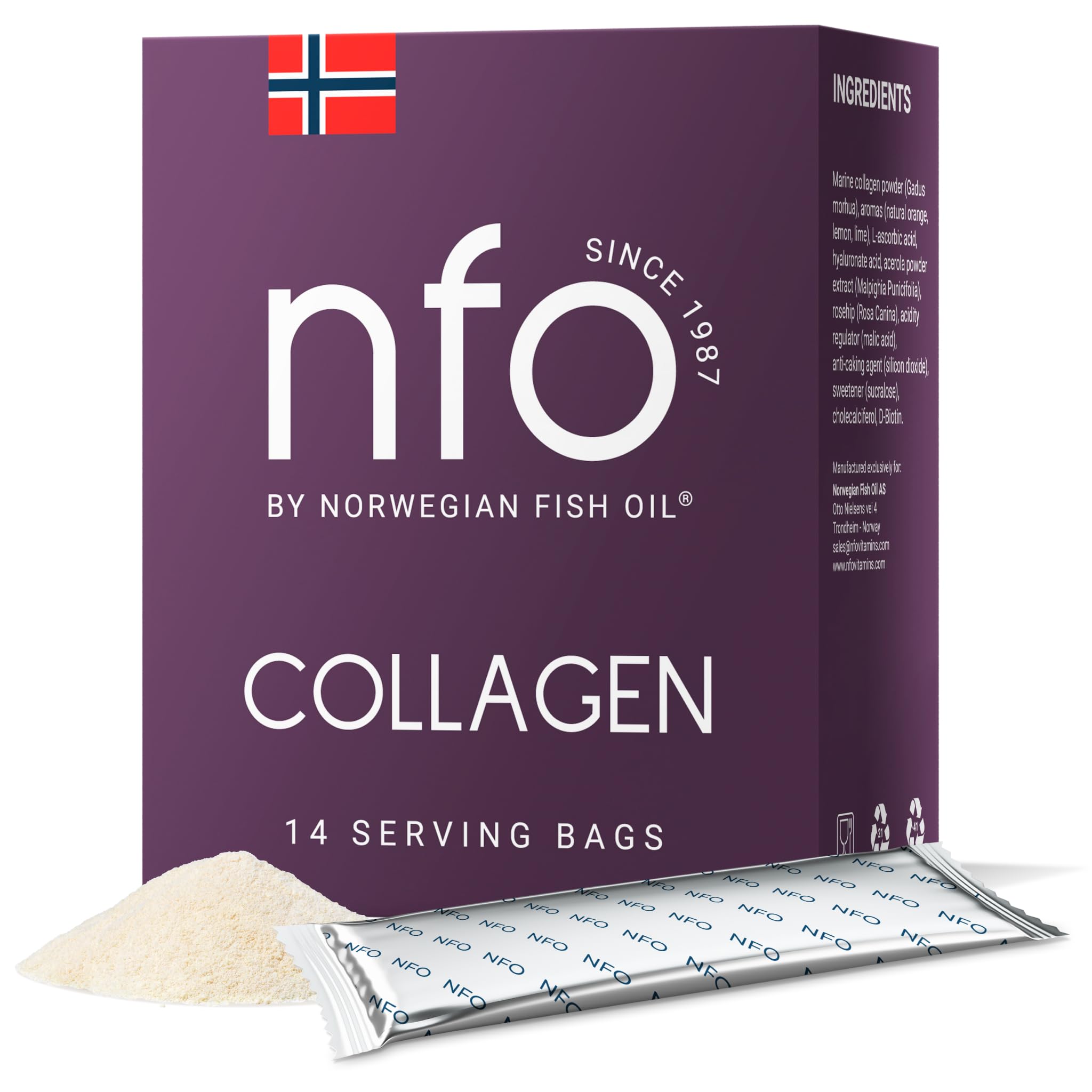 Nfo Collagen Marine [14 Bustine X 5,3 G] Complesso Norvegese Naturale Ad Alto Dosaggio Pesce Proteina Collagene Polvere Con Acido Ialuronico Biotina Vitamina D3 E C Da Acerola Rosa Canina-image