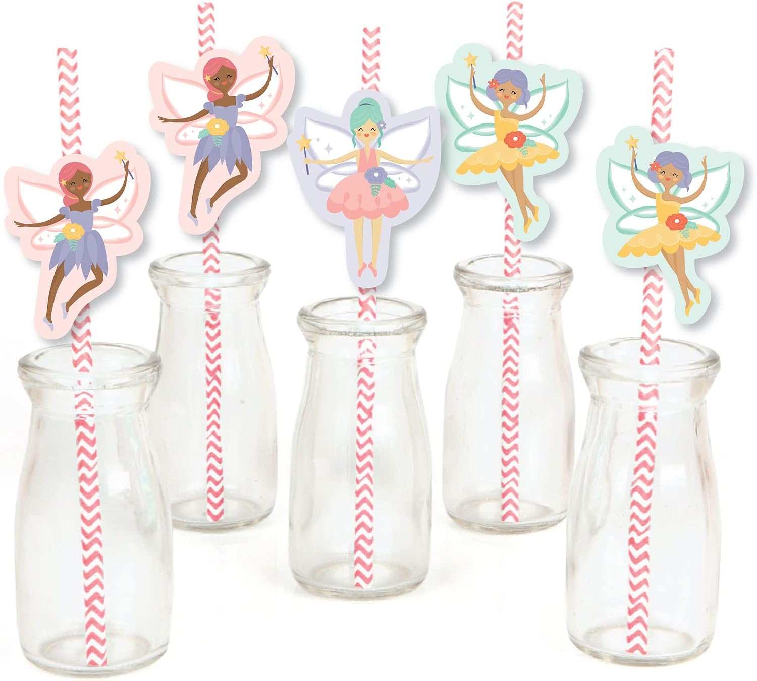 Big Dot of Happiness Let’s Be Fairies - Paper Straw Decor - Fairy Garden Birthday Party Striped Decorative Straws - Set of 24