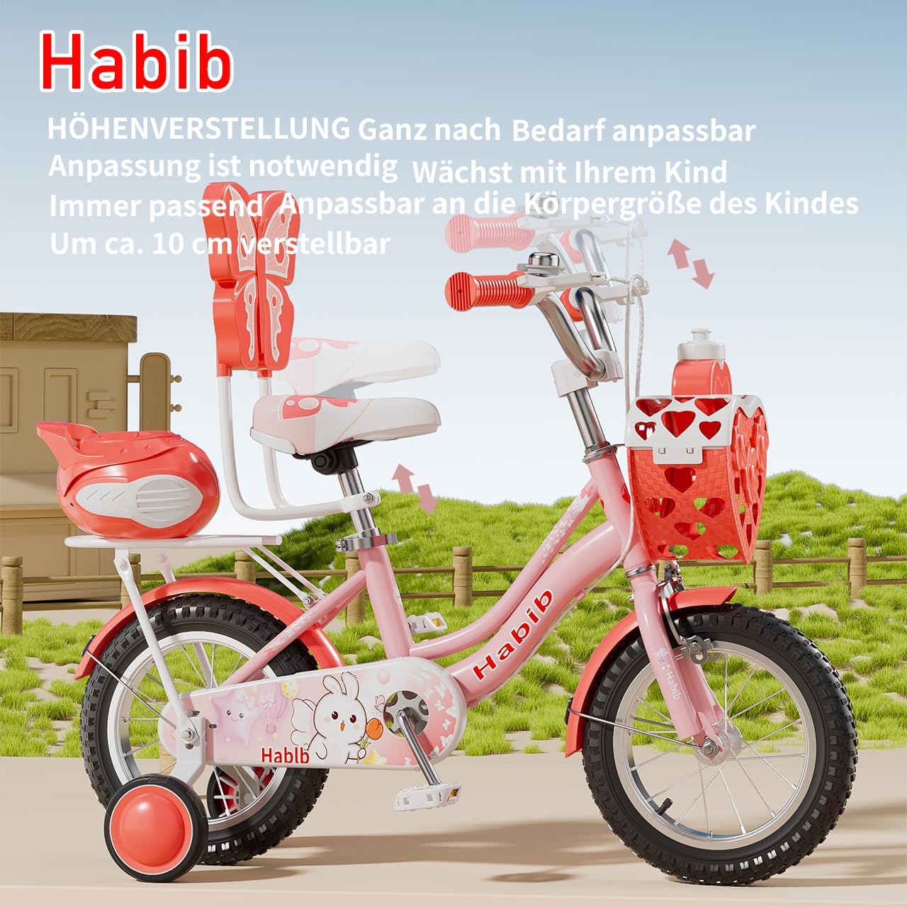 Habib Mädchenfahrrad Prinzessin 12 14 16 Zoll | Komplettset mit Korb, Schutz-Set & Pumpe, Trinkflasche | Kinderfahrrad mit Stützrädern & Dual-Bremssystem für Mädchen 3-8 Jahre