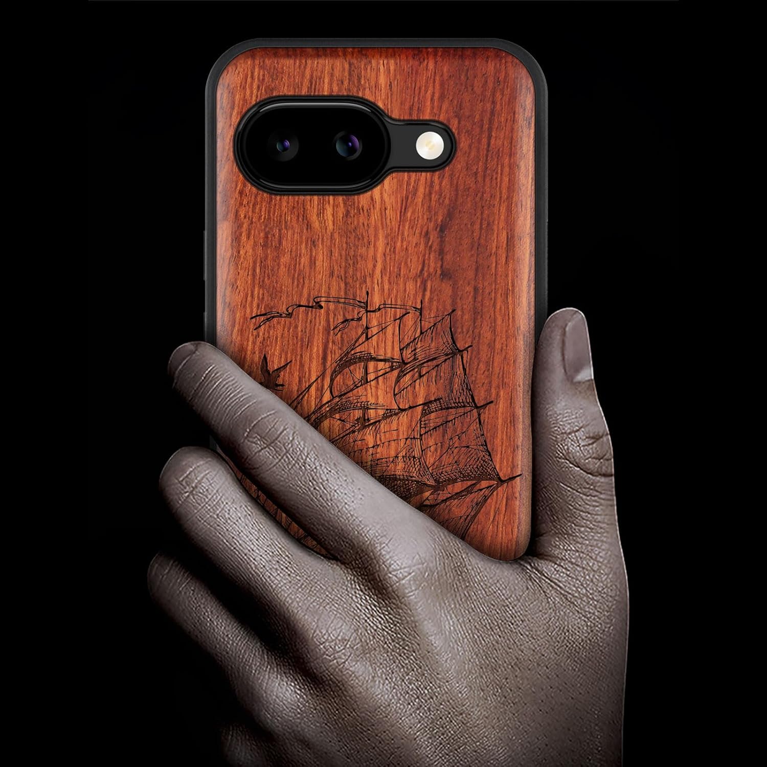 Carveit Magnetic Wooden Case for Google Pixel 9a Case, Wood Artisan Engraved & Soft TPU Shockproof Cover, Compatible with MagSafe Wireless Chargers (Sailboats on The Waves) Rosy