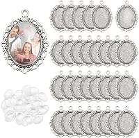 PHPandaHall 60pcs Oval Bezel Pendant Trays with Glass Cabochons 25x18mm - Antique Silver Photo Charms for Wedding Bouquet Jewelry DIY Necklaces