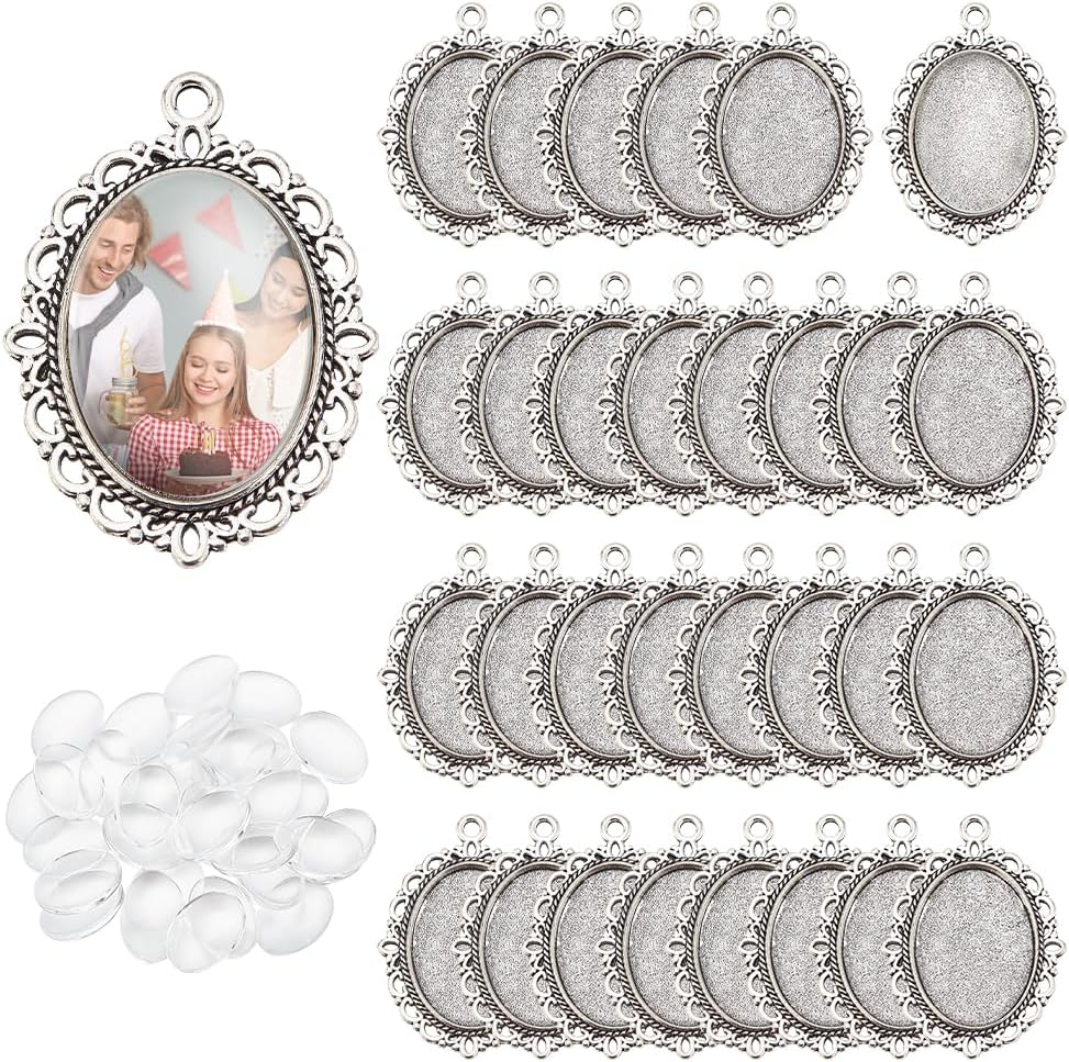 60pcs Bezel Pendant Blanks Settings - 30pcs Oval Pendant Trays Photo Charms with 30pcs Glass Cabochons for Mom Bouquet Bridal Wedding Brides Graduation Charm Jewelry Making, 25x18mm