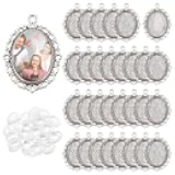PH PandaHall 60pcs Bezel Pendant Blanks Settings - 30pcs Oval Pendant Trays Photo Charms with 30pcs Glass Cabochons for Wedding Brides Bridal Bouquet Charm Necklace Jewelry Making, 25x18mm