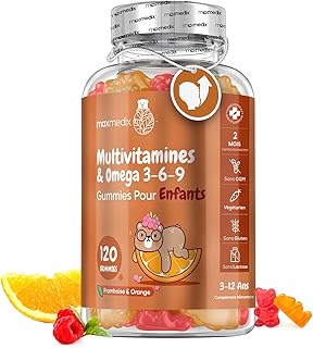 Multivitamines et Minéraux avec Oméga 3 6 9, 120 Gummies Enfants Dès 3 Ans, Avec 17 Nutriments Vitamine C, D, B12, B6, A et Zinc, Pour Immunité, Croissance et Os EFSA, Goût Framboise et Orange