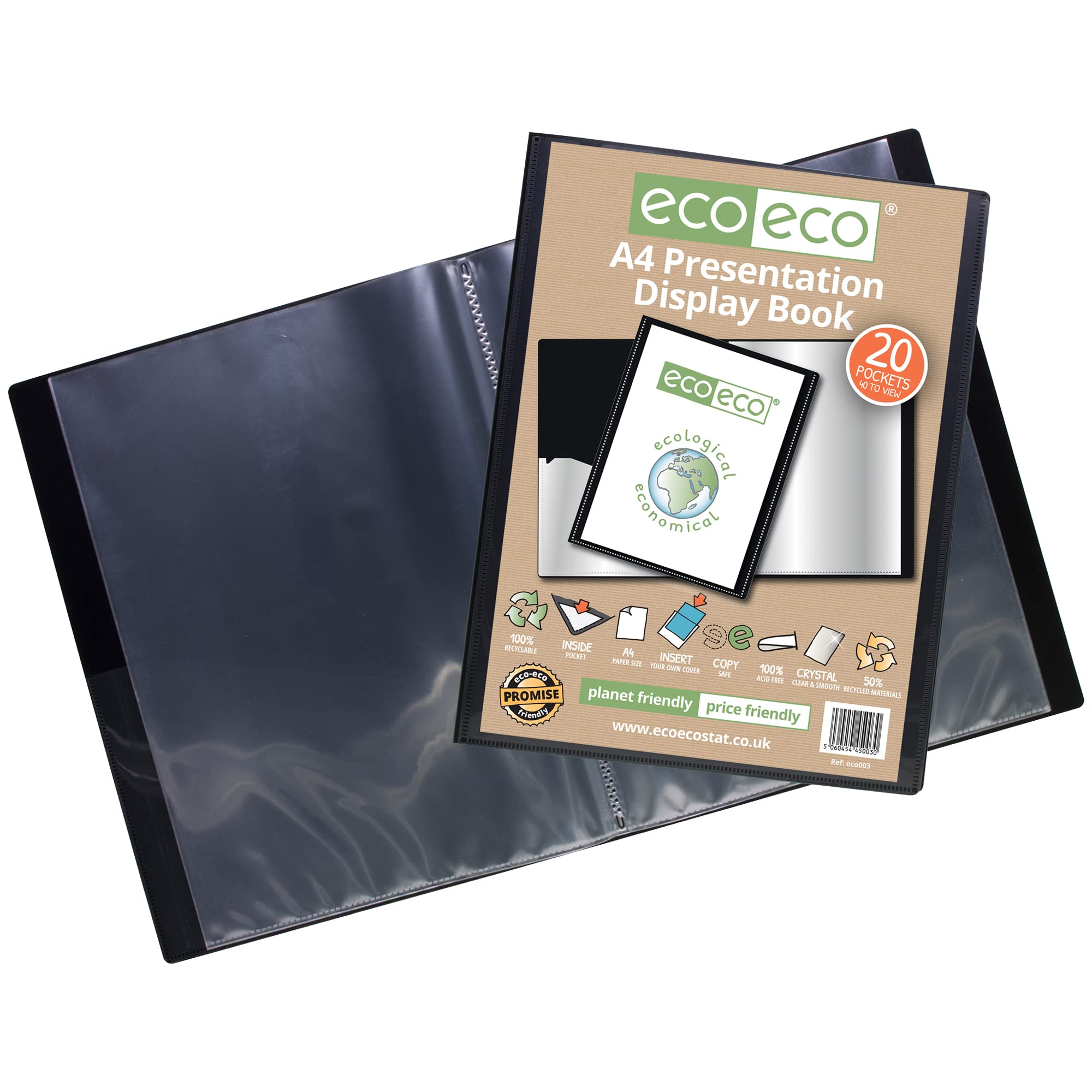 eco-eco Lot de 2 porte-vues A4 50% recyclé avec 20 pochettes en plastique Noir