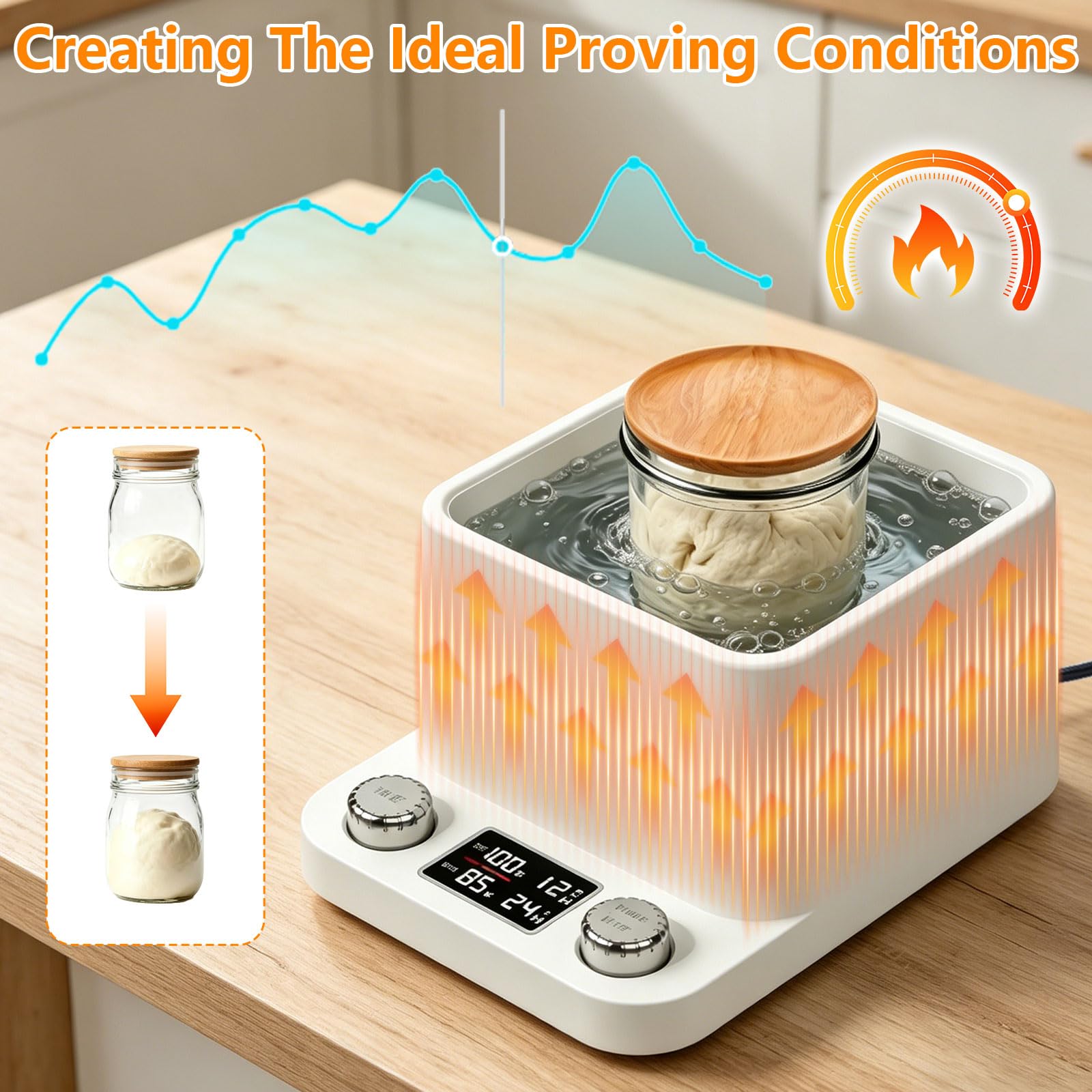 Chauffe-levain - Chauffe-bain-marie en verre - Thermostat précis (21 à 40 °C) - Minuterie intelligente de 198 heures - Tampon chauffant au levain pour accessoires de pâtisserie, boulangerie