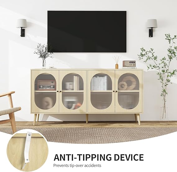 Sideboard Buffet Cabinet with Storage - Modern Buffet 4 Door Cabinet, Freestanding Sideboard Storage Cabinet with 2 Adjustable Shelves, Boho Accent Cabinet Console for Living Room (Natural)
