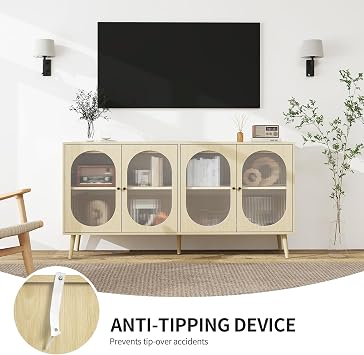 Sideboard Buffet Cabinet with Storage - Modern Buffet 4 Door Cabinet, Freestanding Sideboard Storage Cabinet with 2 Adjustable Shelves, Boho Accent Cabinet Console for Living Room (Natural)