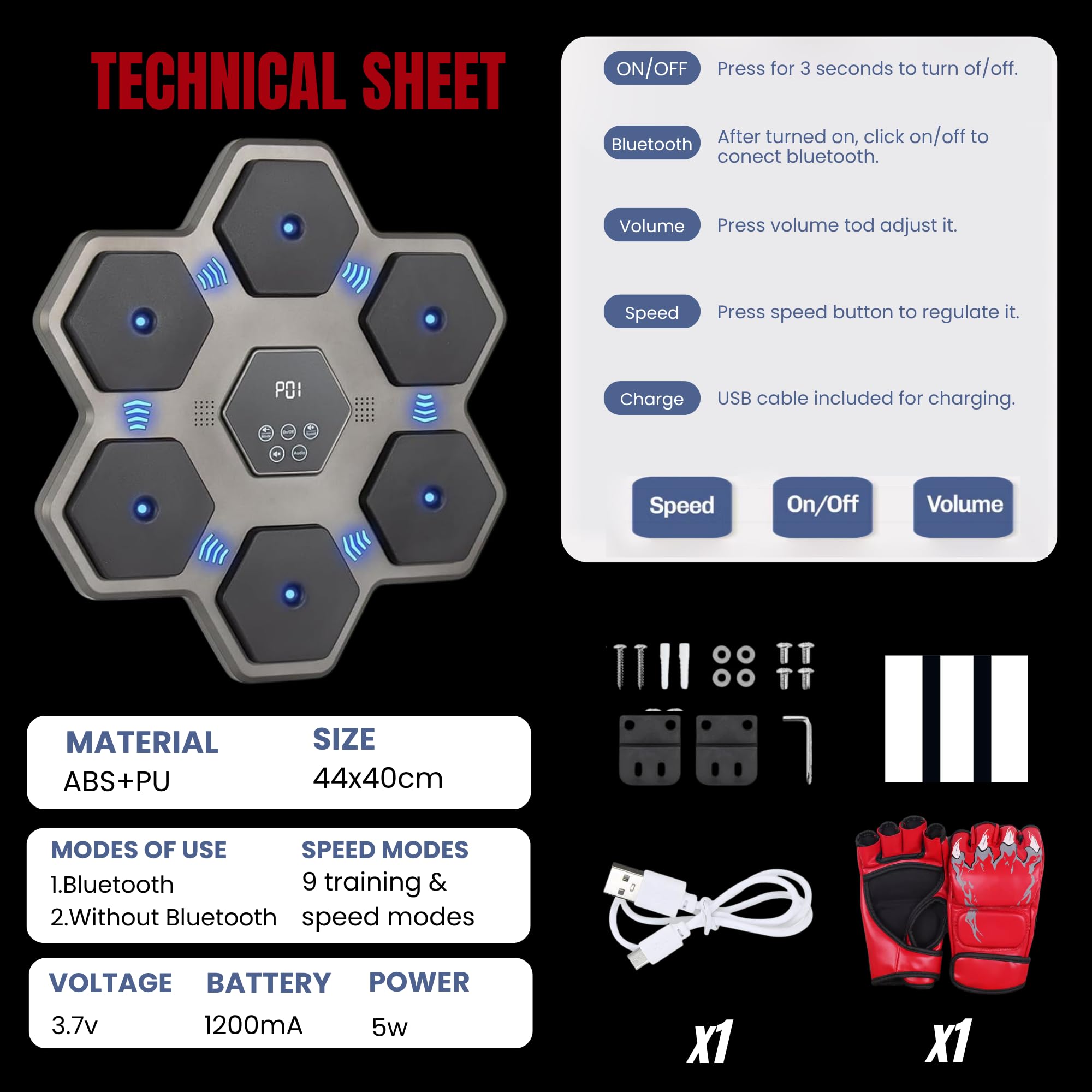 MAGIC SELECT Musikalische Boxmaschine. Wandtrainingsgerät mit LED, Boxhandschuhen, Bluetooth und Lichtern im Rhythmus der Musik. Boxmaschine für Kinder/Erwachsene. (9 Modi, 43x43 cm)