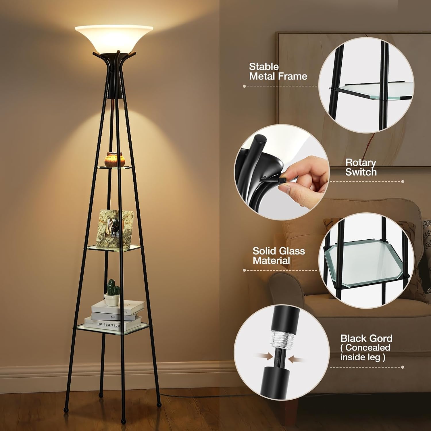 Floor Lamp with Shelves, 69” Tall Shelf Lamp with Remote Control, 3-Tier Glass Shelf Lamp, Dimmable Torchiere Floor Lamps for Living Room, Bedroom, Office, Adjustable Color Temperatures Bulbs Included