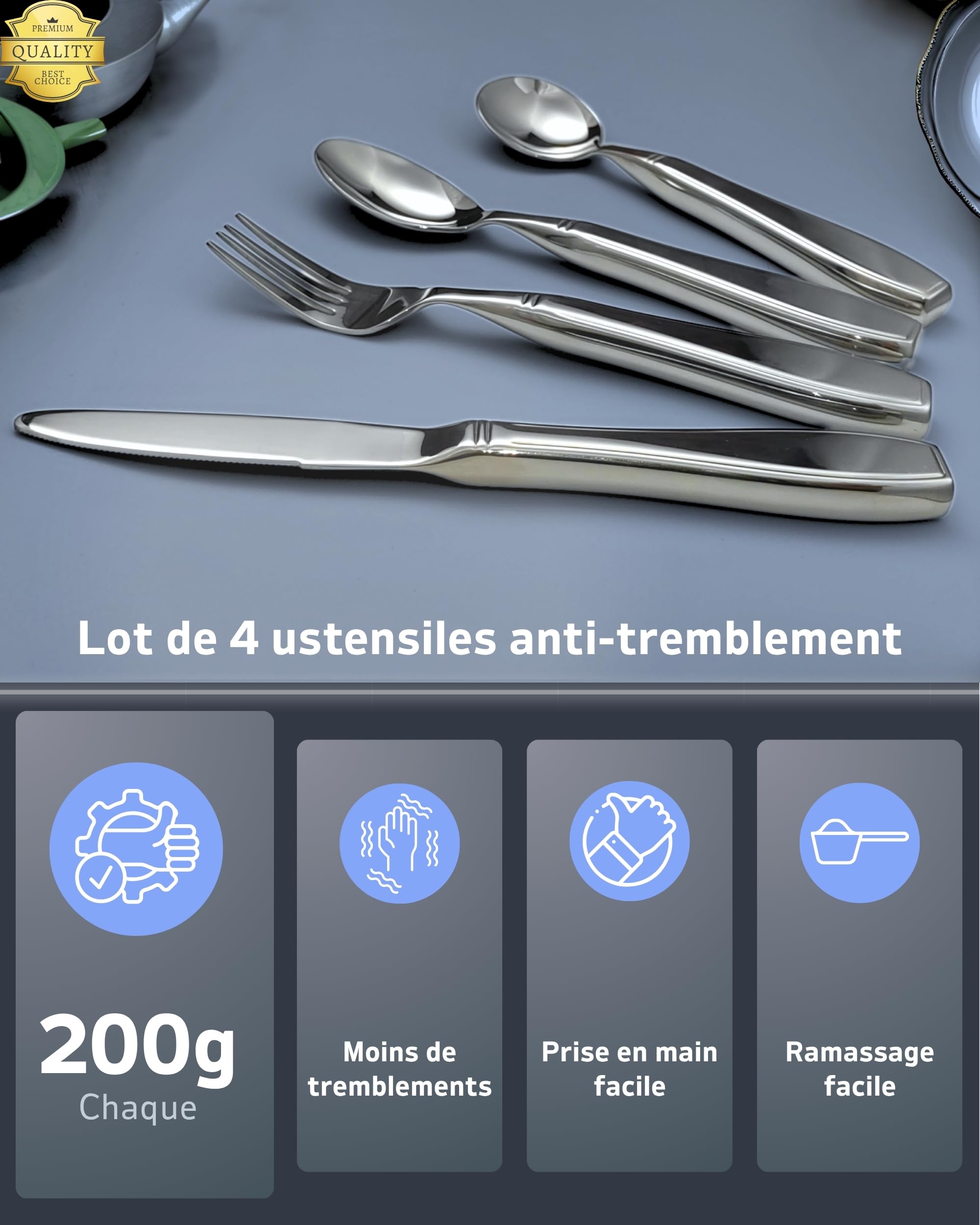 Lot de 4 ustensiles lestés pour tremblements et Parkinsons (200 g chacun) – Argenterie pour tremblements de main, ustensiles lestés pour tremblements de main, ustensiles adaptatifs pour