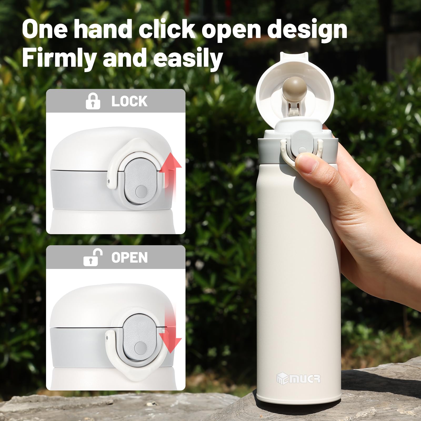 Cantimplora Botella de agua aislada de 500 ml con tapa abatible a presión, taza de viaje térmica de acero inoxidable, botella a prueba de fugas para bebidas calientes y frías, color blanco