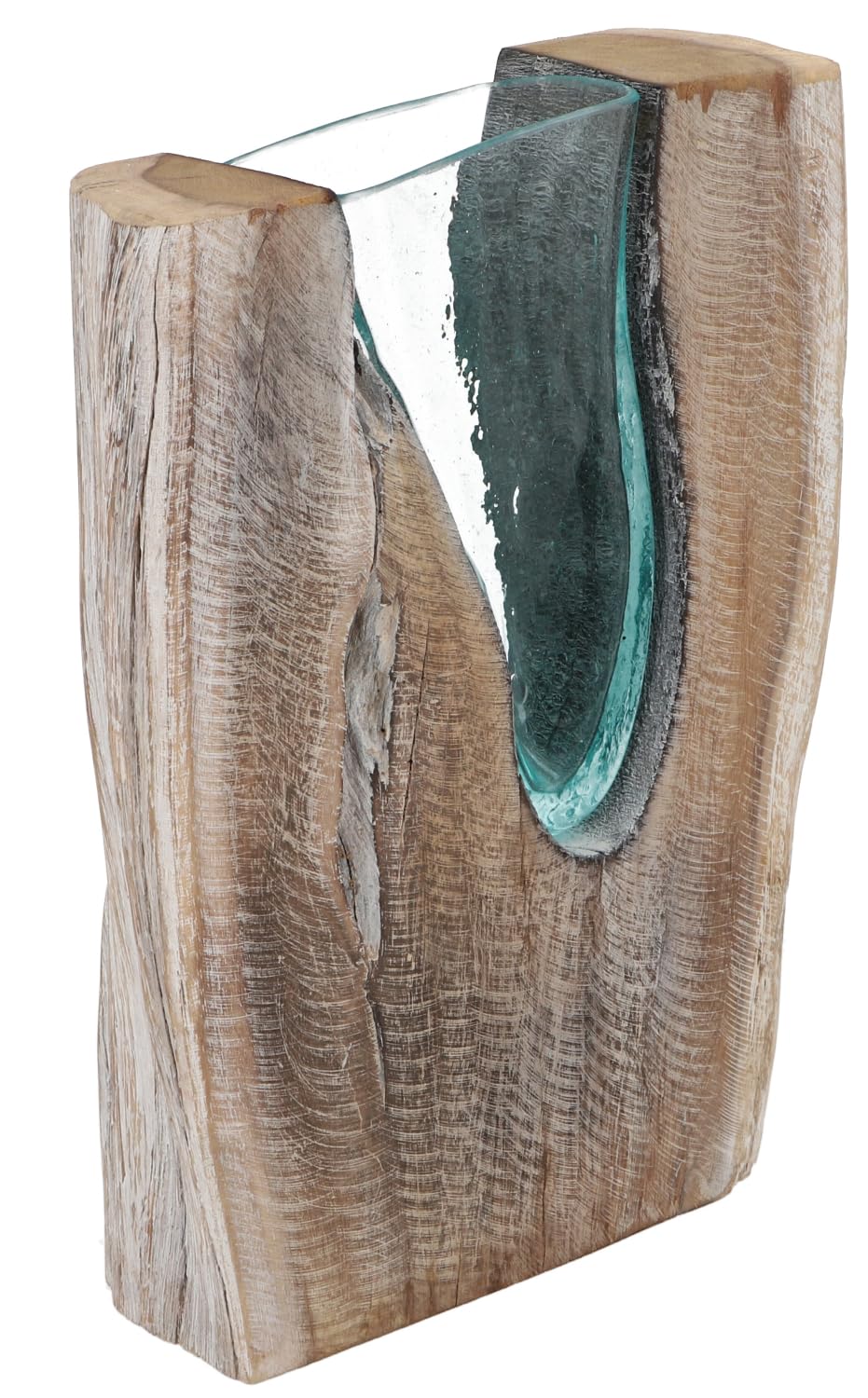 GURU SHOP Jarrón de cristal reciclado, jarrón de cristal de madera de teca – M14, 33 x 25 x 8 cm