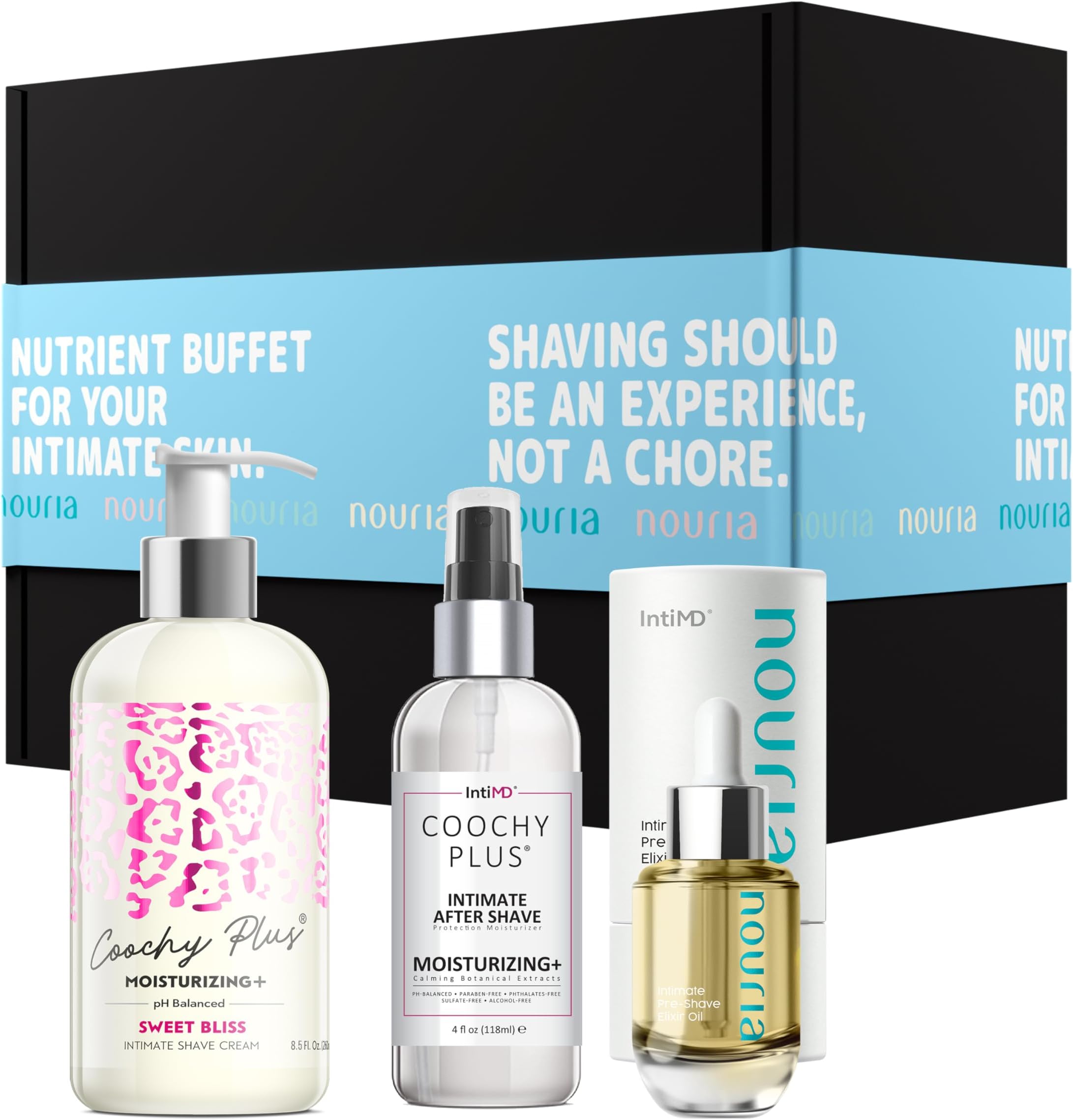 Coochy Plus HydroLock MOISTURIZING+ 3-Steps Kit Intimate Shave Gift Set: NOURIA Pre-Shave Elixir Oil + Coochy Plus Shave Cream Sweet Bliss + Coochy Plus After Shave Protection Mist