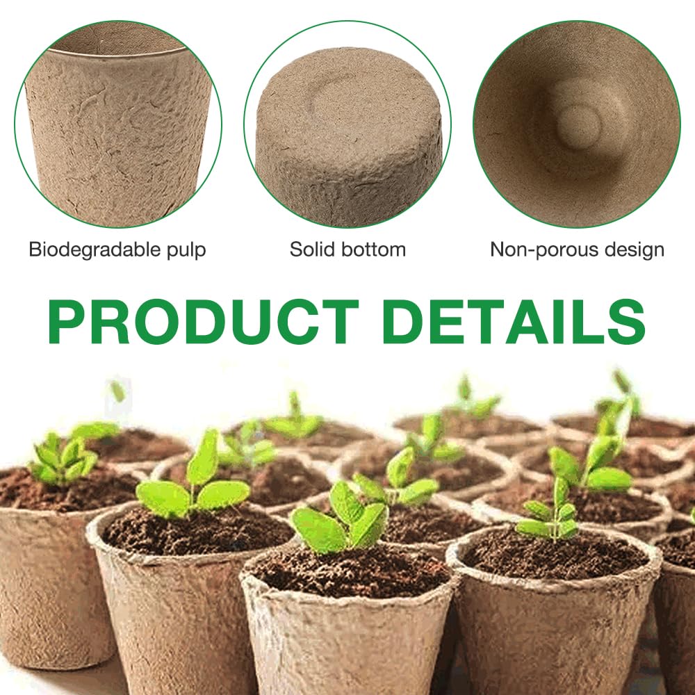 AVCXEC 100 Pcs Fibre Seed Pots, 8cm Round Biodegradable Plant Pots, Seedling Pots with 100 Pcs Plastic Plant Labels and Widger & Dibber, Plant Nursery Pots for Seedlings, Vegetables, Flowers and Herbs - Image 3