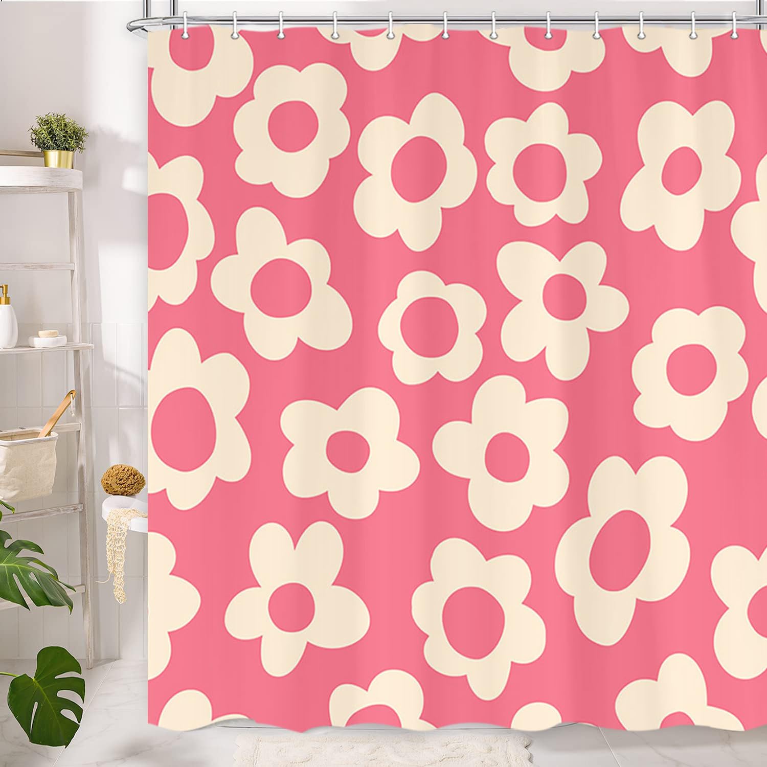 NYMB Cute Pink Shower Curtain, Trendy Boho Daisy Flower Aesthetic Bathroom Curtain, Groovy Teen Girls Waterproof Aesthetic Retro Minimal Beige Bath