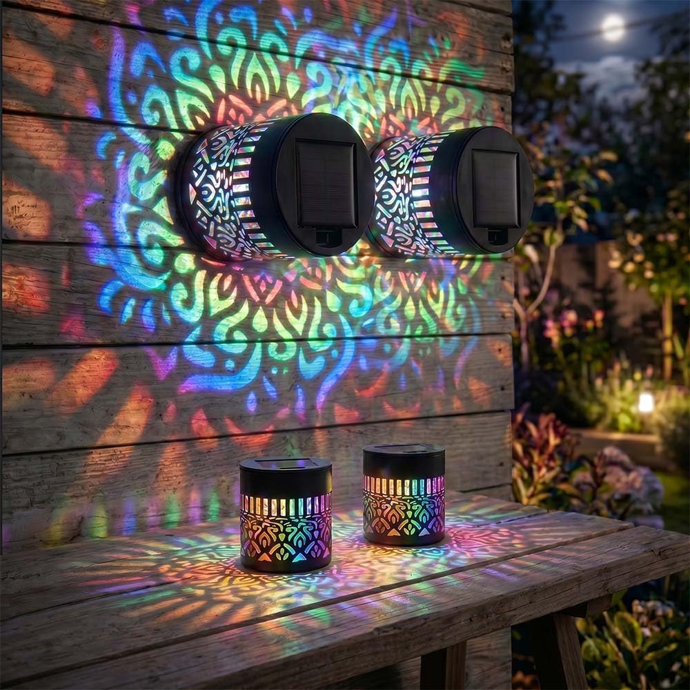 Decorative Solar Mandala Lights, 2026 New Solar Mandala Wall Light Outdoor Garden Fence Projector Lamp,Waterproof Metal Deck Step Fence Light for Garden Yard Backyard Patio Ambient Decor (2PCS)