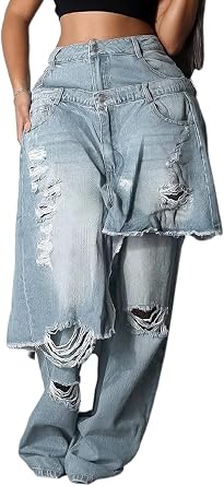 DINGANG Womens Ripped Jeans Baggy Distressed High Waisted Straight Wide Leg Asymmetrical Patchwork Denim Pants