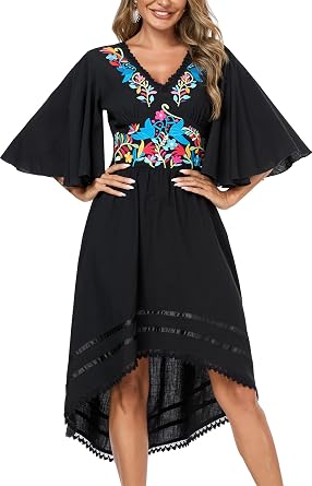 Womens Mexican Dress Casual Floral Embroidered V Neck Flowy 3/4 Sleeve Beach Sundress Cocktail Dress