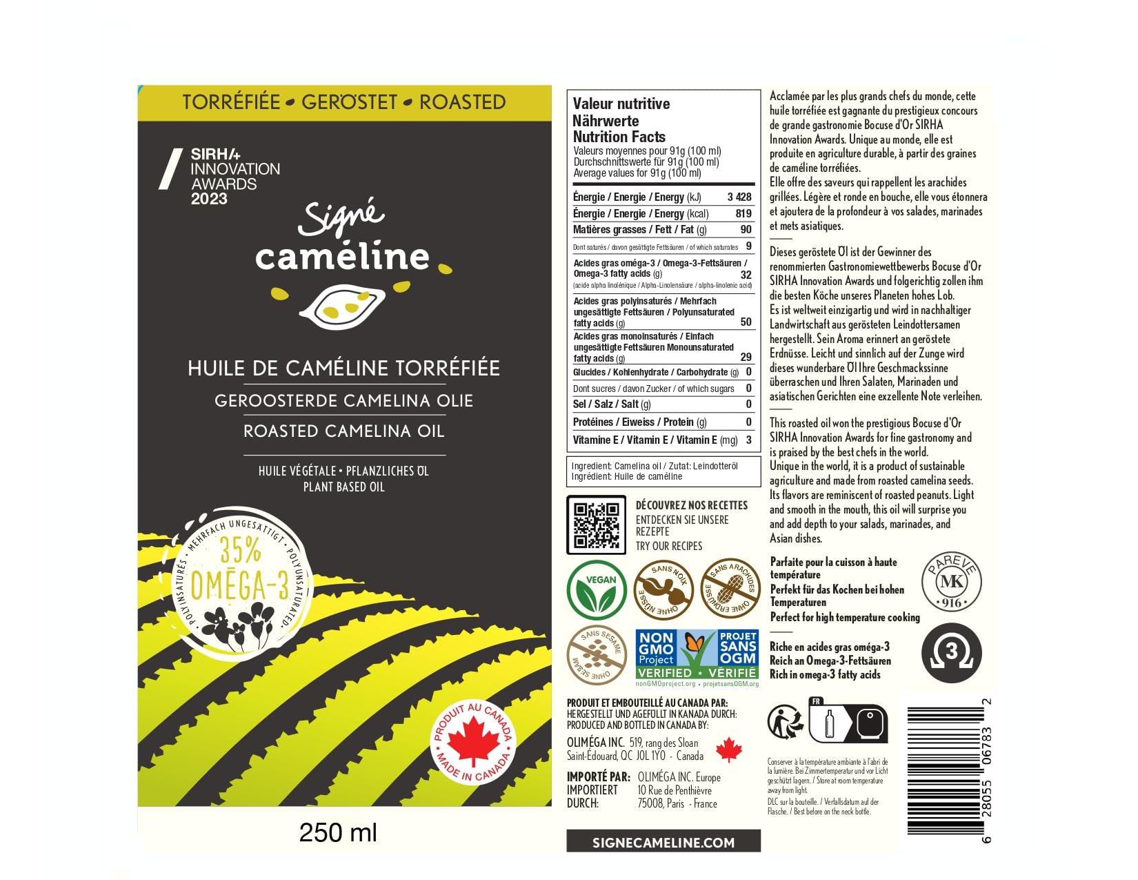 Signé Caméline, Huile de Cameline torréfiée pressée à froid, 250 ml. Notes d'huile de sésame et de noisettes grillées, cuisine asiatique, nouilles ramen, sushi, sautés. Produit du Canada.