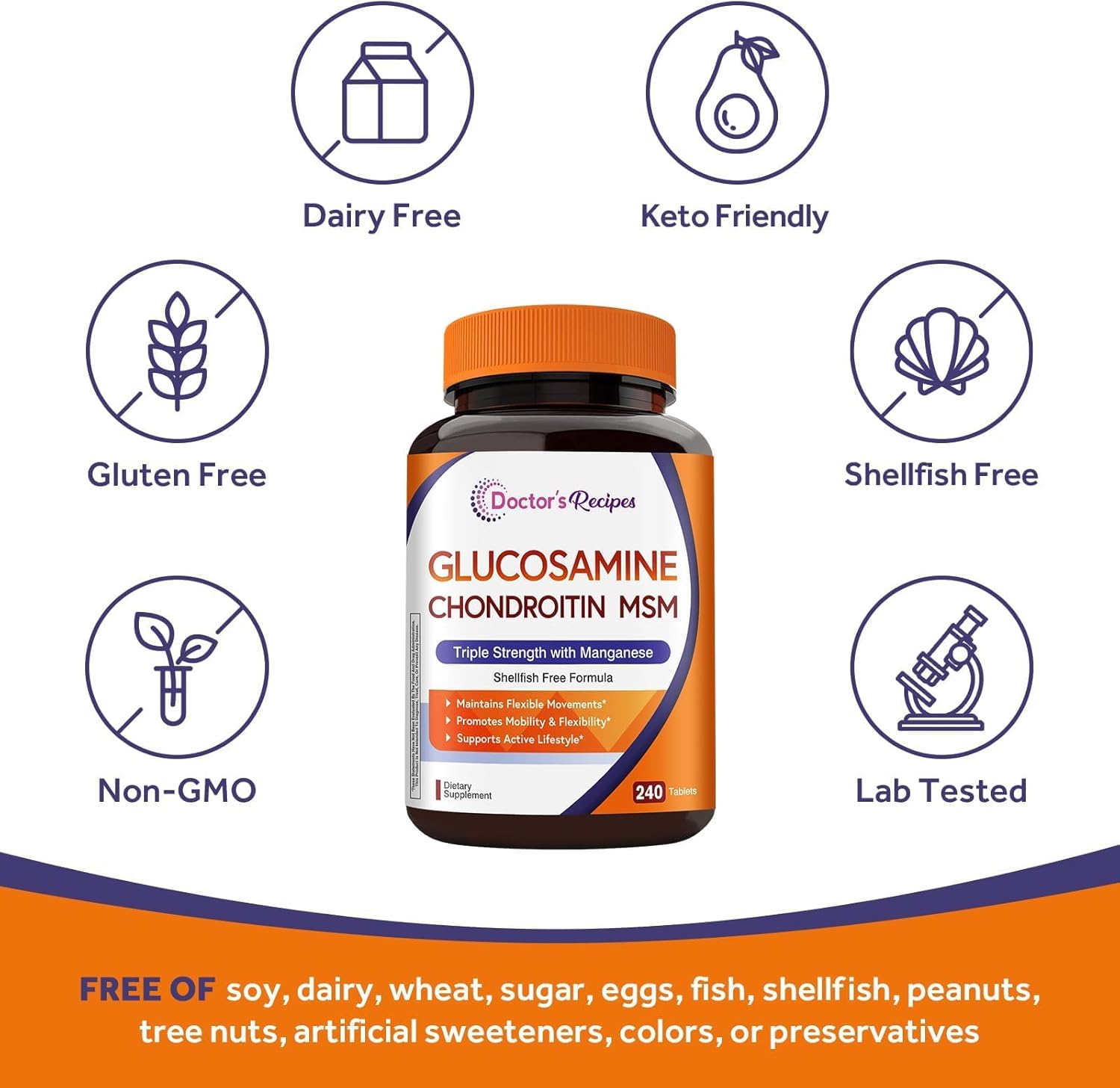 Doctor's Recipes Glucosamine Chondroitin MSM and Manganese Supplement, 1800 mg Glucosamine HCl, NO Shellfish, Healthy Structure & Movements, Flexibility Support for Men & Women, 240 Tablets