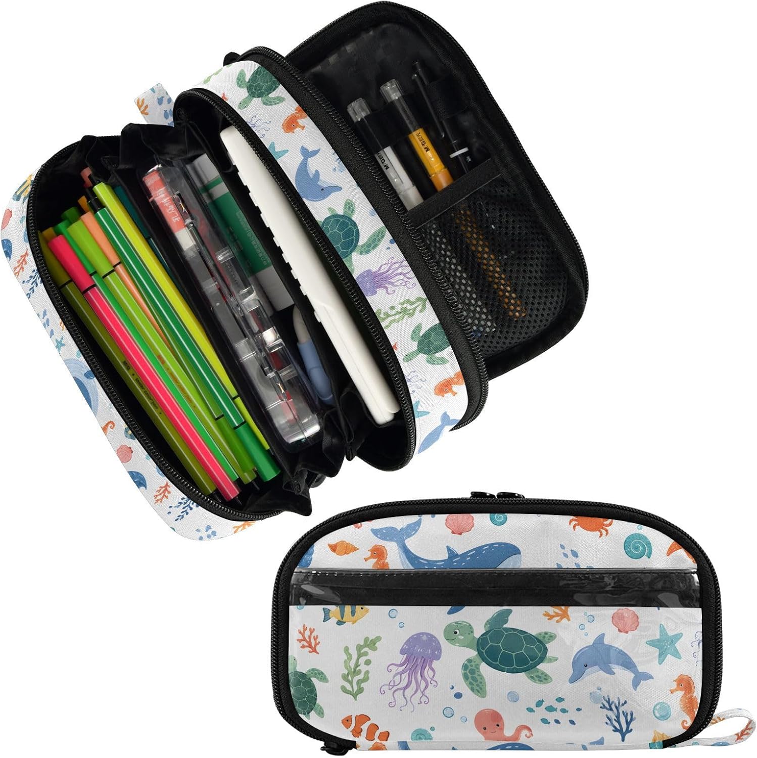 ALAZA Marine Animals Large Capacity Pencil Case, Aesthetic Stationery Organizer Bag with Clear PVC Window, High Capacity Pen Pouch with Dividers for School Office Travel image 2