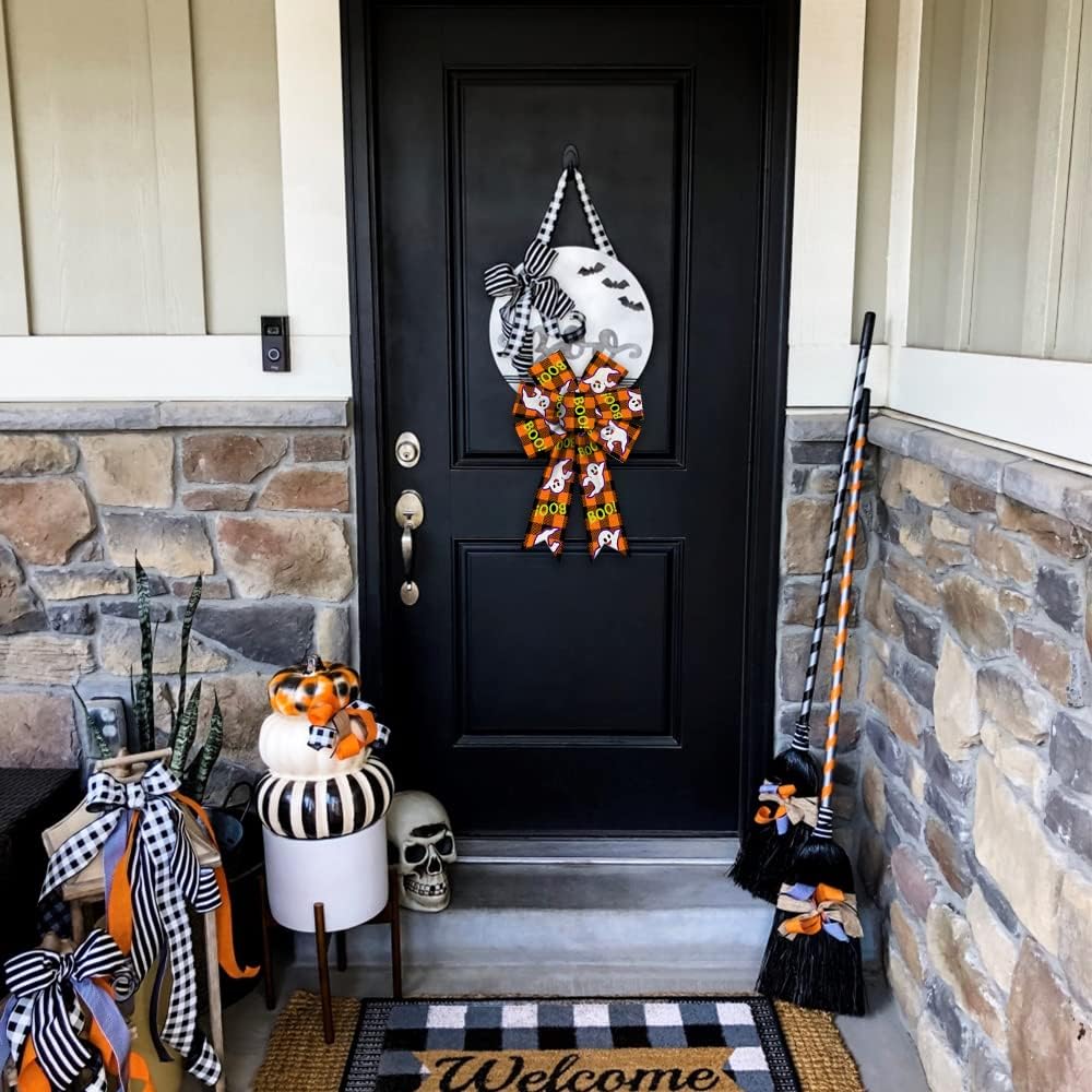 2PCS Halloween Wreath Bows Halloween Decor Bows Ghost Boo Buffalo Plaid Burlap Linen Bows for Wreath, Halloween Fabric Ribbon Bows for Home Party Indoor Outdoor Decoration Wreath Ornament Supplies