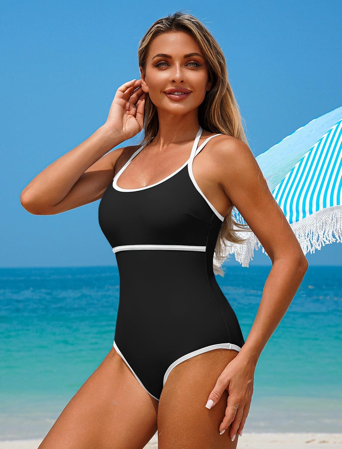 ZAFUL Womens One Piece Swimsuits Tummy Control Bathing Suit High Cut Adjustable Strap Swimwear - Image 3