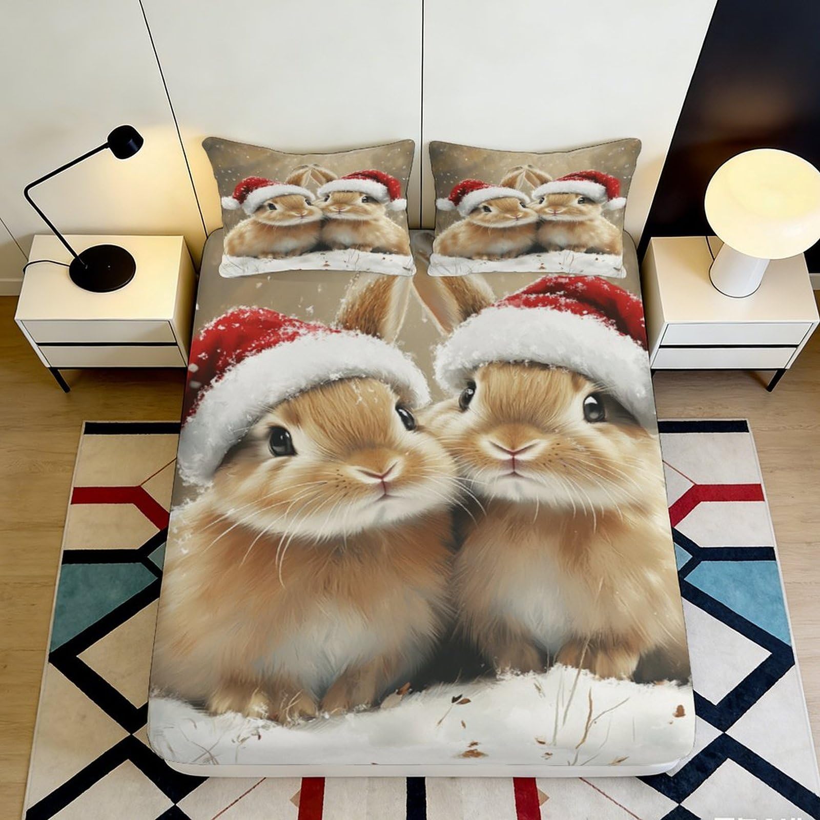 3D Printed Christmas Bunny Fitted Sheet Microfiber Deep Pocket Non-Slip Christmas Bunny Mattress Fitted Cover Washable for Bedroom 200x200x25cm 90x200x25cm