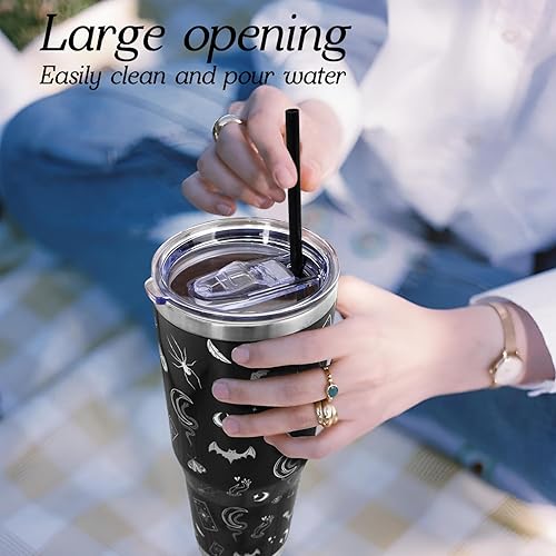 Miniatura 4 de Vaso gótico negro de 40 onzas con asa y pajita, vaso grande de acero inoxidable aislado al vacío para café helado, botella de agua, taza de viaje,