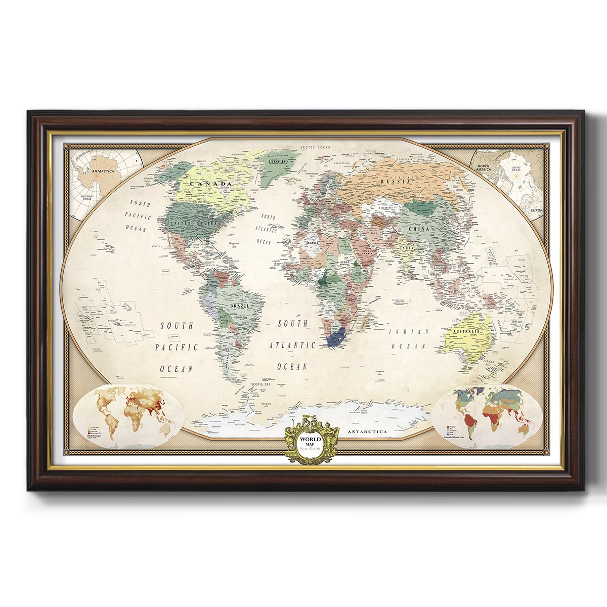 Renditions Gallery Colorful World Map Canvas Wall Art with Walnut and Gold Frame Wall Hanging Travel Map with Push Pins for Home, Office, Classroom