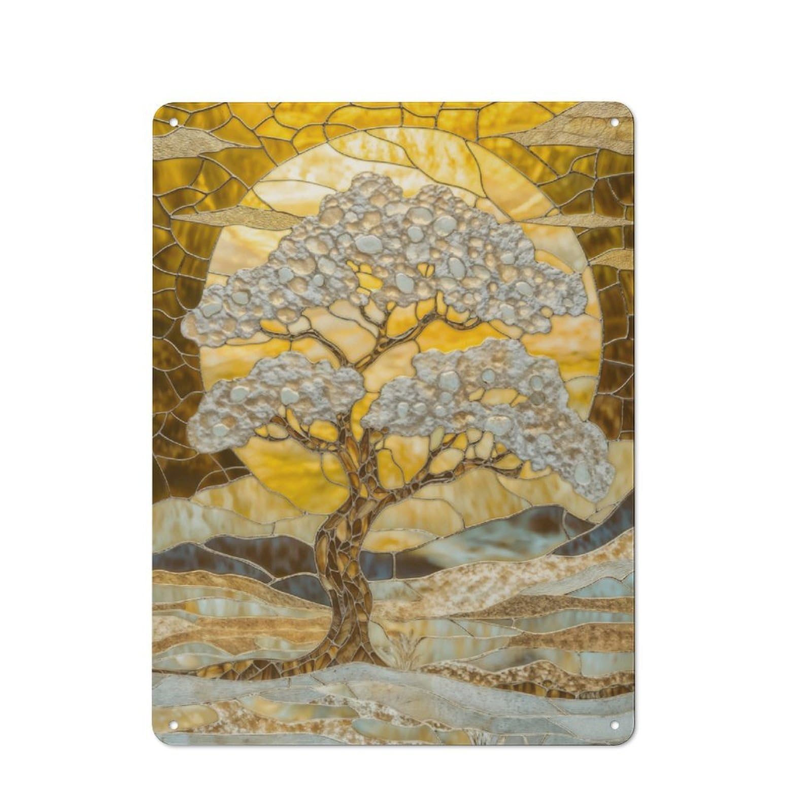 Junmoney Stained Glass Golden Tree Retro Tin Sign 40X30cm Featuring For Bar Or Restaurant, For Metal Sign Collectors, For Garage And Workshop Walls