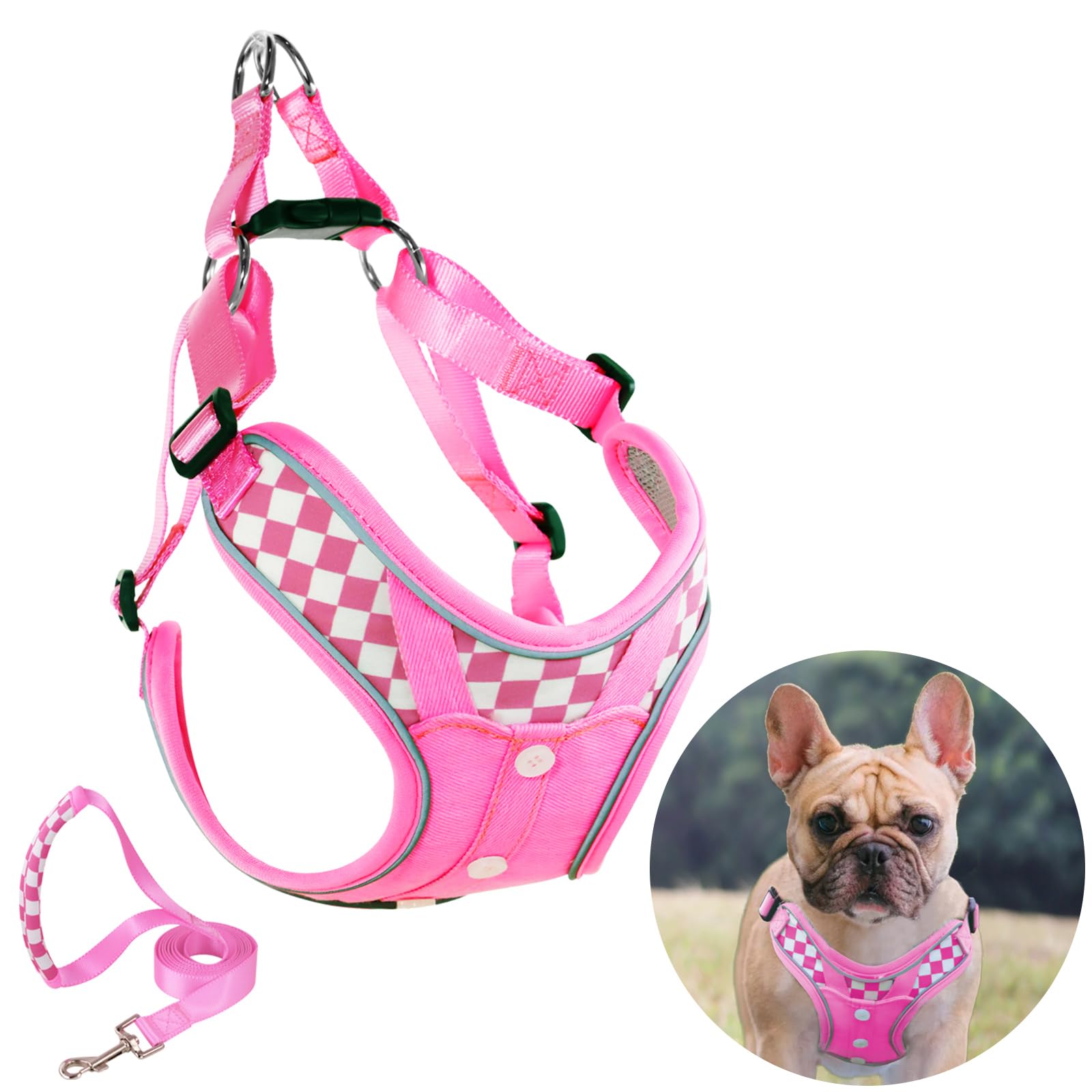 Fashion Lovely Dog Harness with Leash Set, No Pull Adjustable Step in Collars Frenchie Harness Vest for Medium Dogs Training and Running (M Pink)