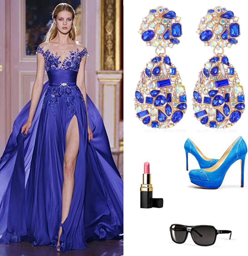 Rhinestone Statement Earrings Teardrop Costume Earrings Cluster Crystal Chandelier Drop Dangle Earrings for Women - Image 6