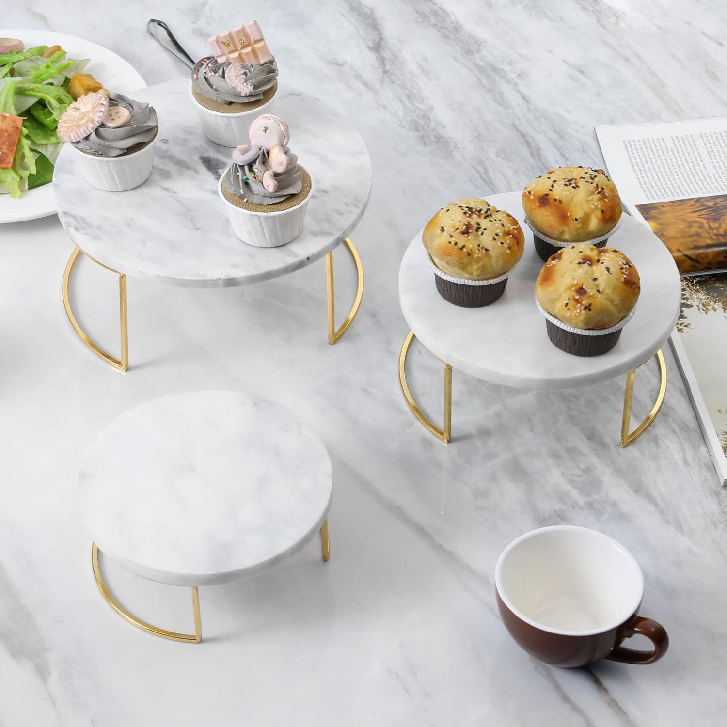 MyGift Modern White Marble Cake Stands, Brass Metal Cupcake Stand Dessert Pedestal Risers, Set of 3