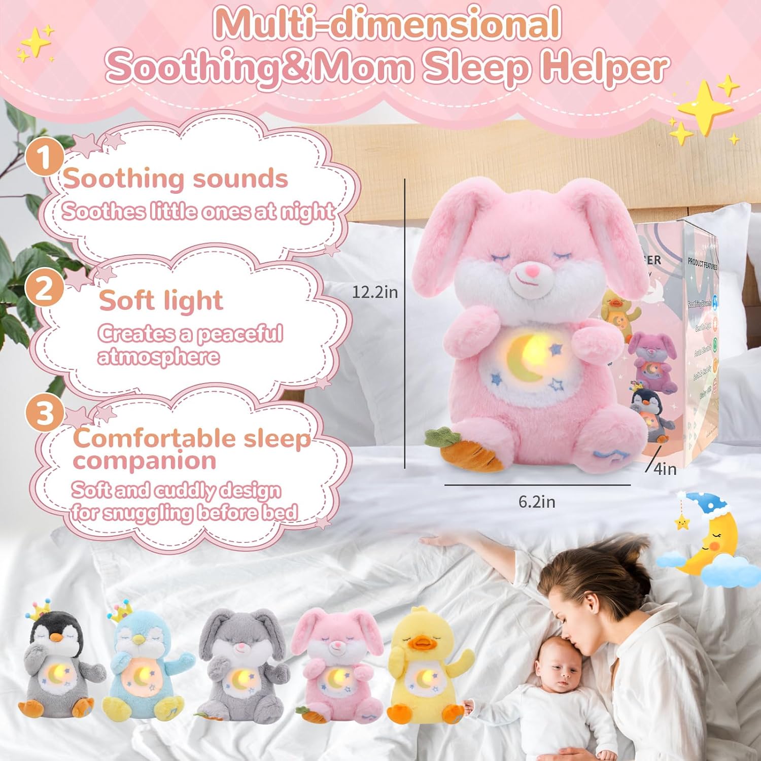 Breathing Stuffed Animal, Soothe Snuggle Pink Bunny & Gray Bunny Plush for Anxiety Adults and Kids, Soothing Stuffed Animal, Soft Breathing Plush Bunny Gifts with Realistic Breathing and Lights