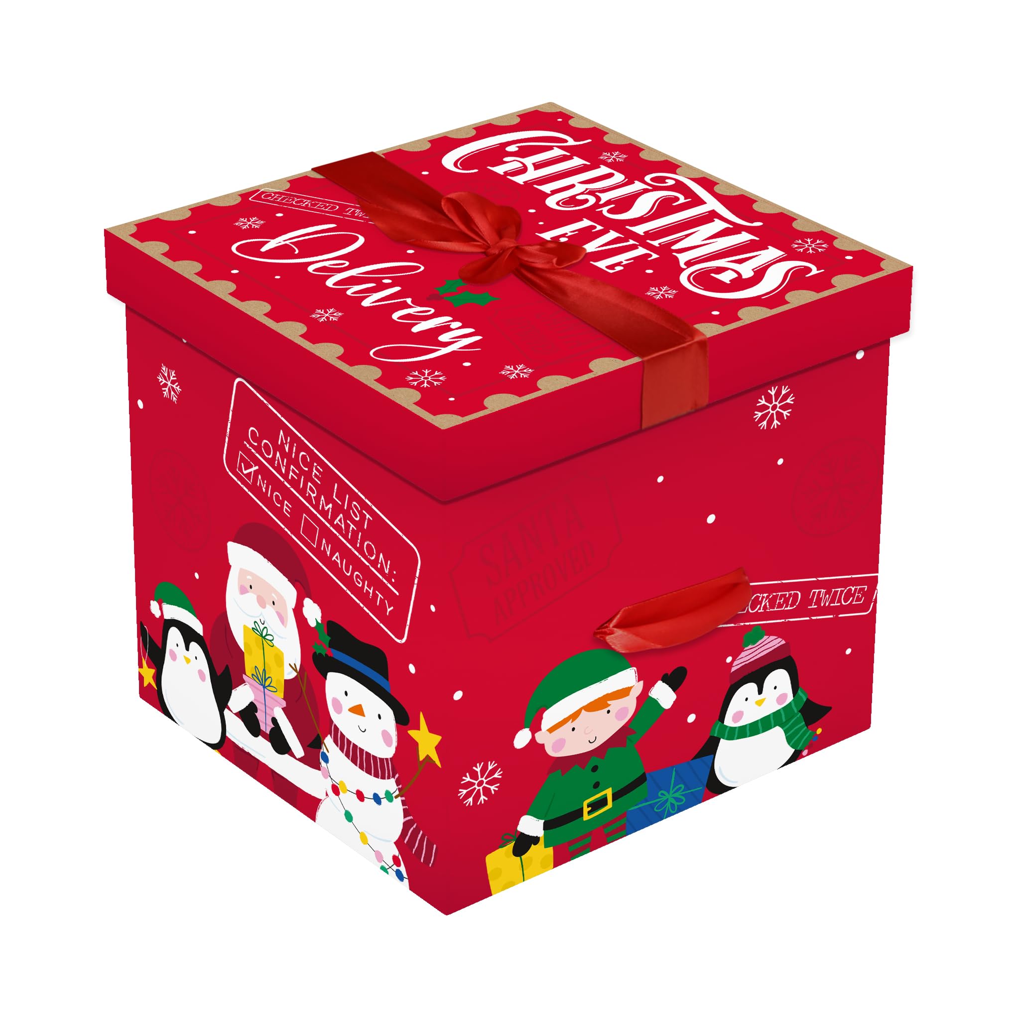 Eurowrap Christmas Eve Delivery Gift Box – Large 28cm Red Festive Present Box with Lid, Ribbon & Handles – Reusable Storage or Hamper Box for Holiday Gifts & Decorations