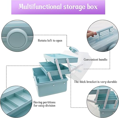 Miniatura 6 de Qiveno Caja de almacenamiento de primeros auxilios, 3 capas de almacenamiento de medicamentos de plástico con asa portátil, estuche de arte y
