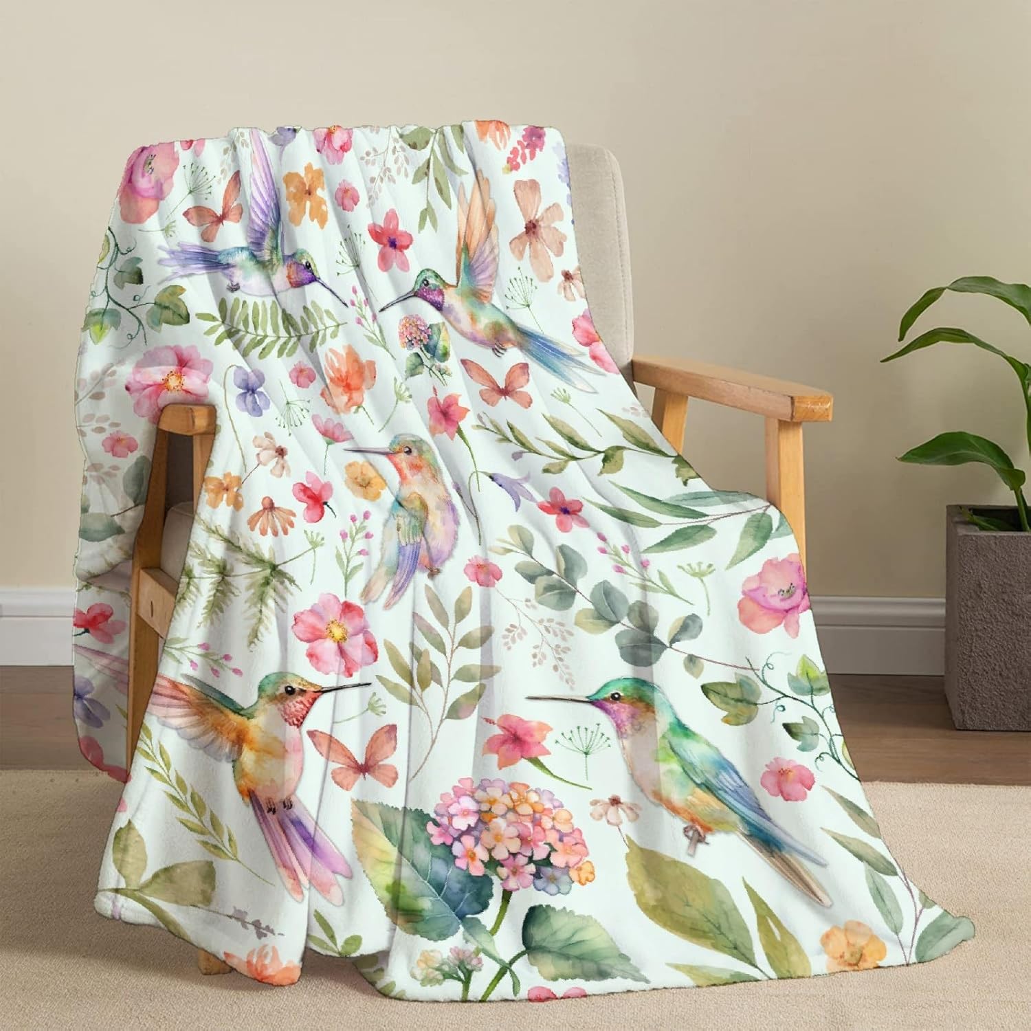 Floral Hummingbird Blanket - Lightweight Soft Flannel Green Throw Blankets for Couch, Bed, Sofa - Hummingbird Decor - Small-Kid (5040inches) - Image 5