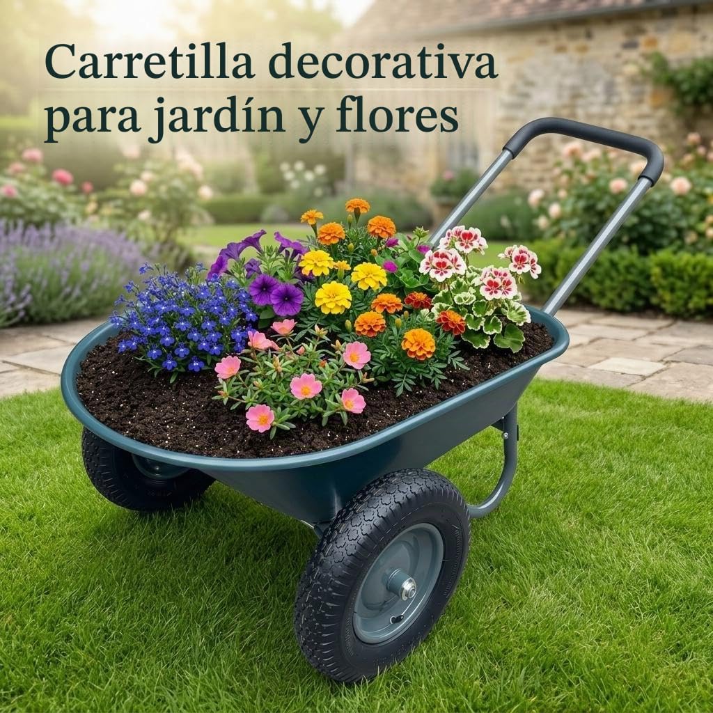 Carretilla de jardín con 2 ruedas, carro de utilidad de hierro y plástico, dimensiones 124 x 66 x 62,5 cm, multicolor, para jardín, patio y exterior