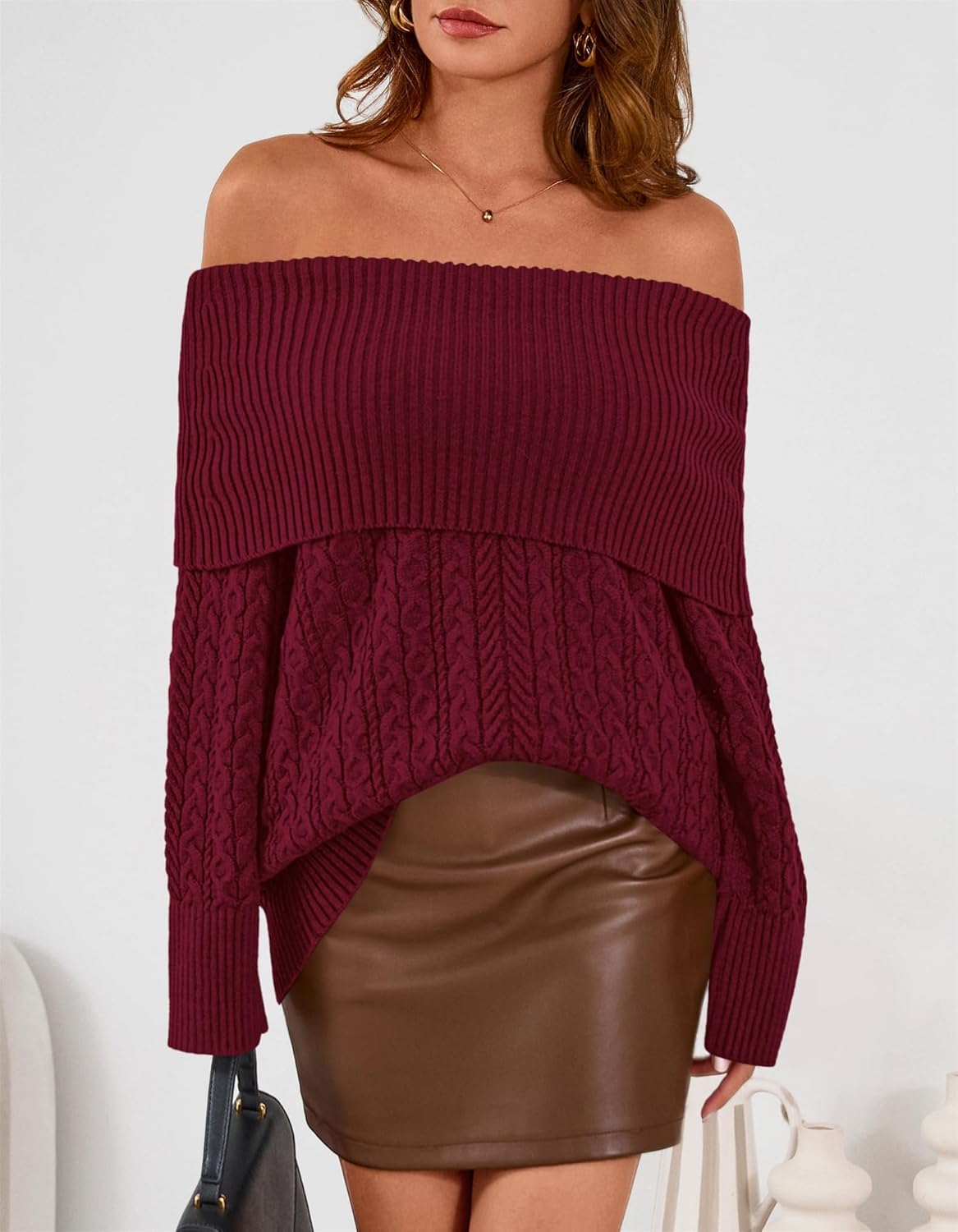 MASCOMODA Womens Sweaters Off The Shoulder Long Sleeve Cable Knit Sweater Loose Chunky Pullover Dressy Work Tops Fall Fashion - Image 6