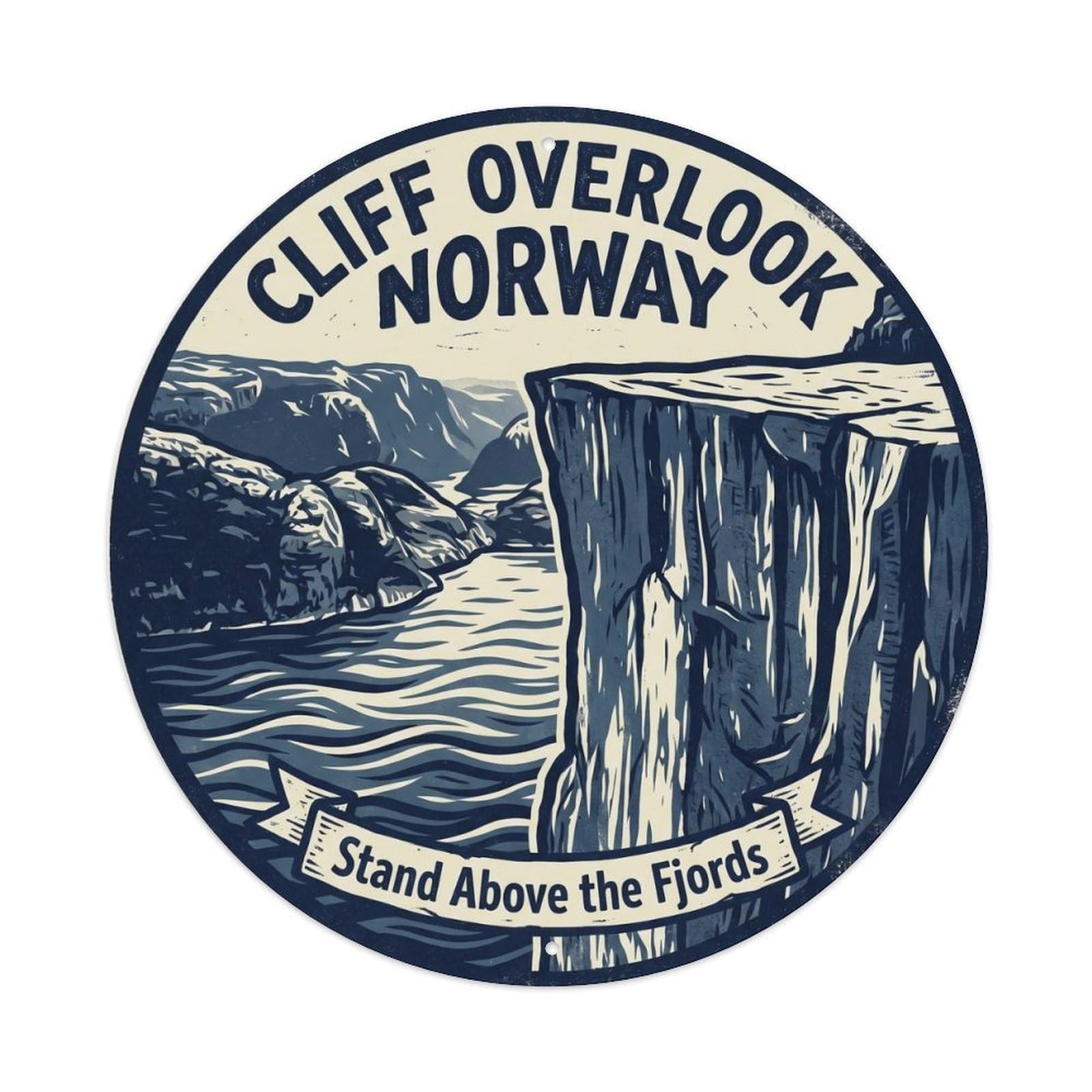 Vintage Travel Cliff Overlook Norway Fjord Metal Tin Sign Plaque Wall Decor for Cafe, Club, Garden Round Metal Poster 8x8Inch