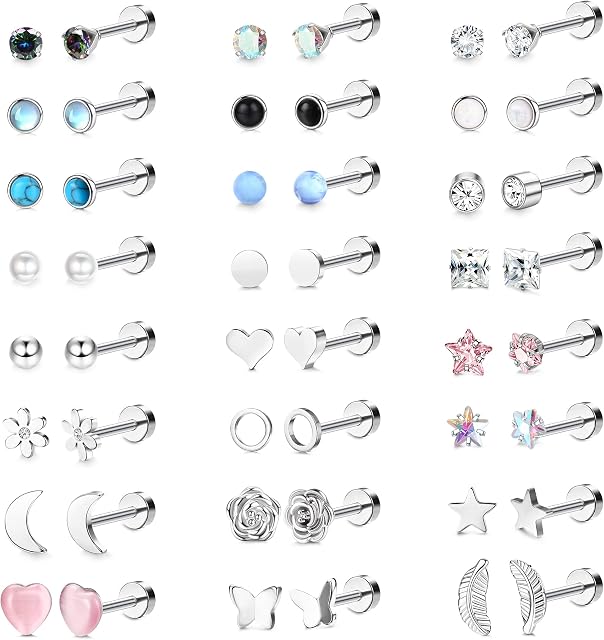 MILACOLATO 24 Pairs Stainless Steel Stud Earrings for Women Girls Small Stud Earring Set Multiple Geometric Tiny Ball Star Heart Moon Piercing Ear Studs Cubic Zirconia Earrings Set for Girls