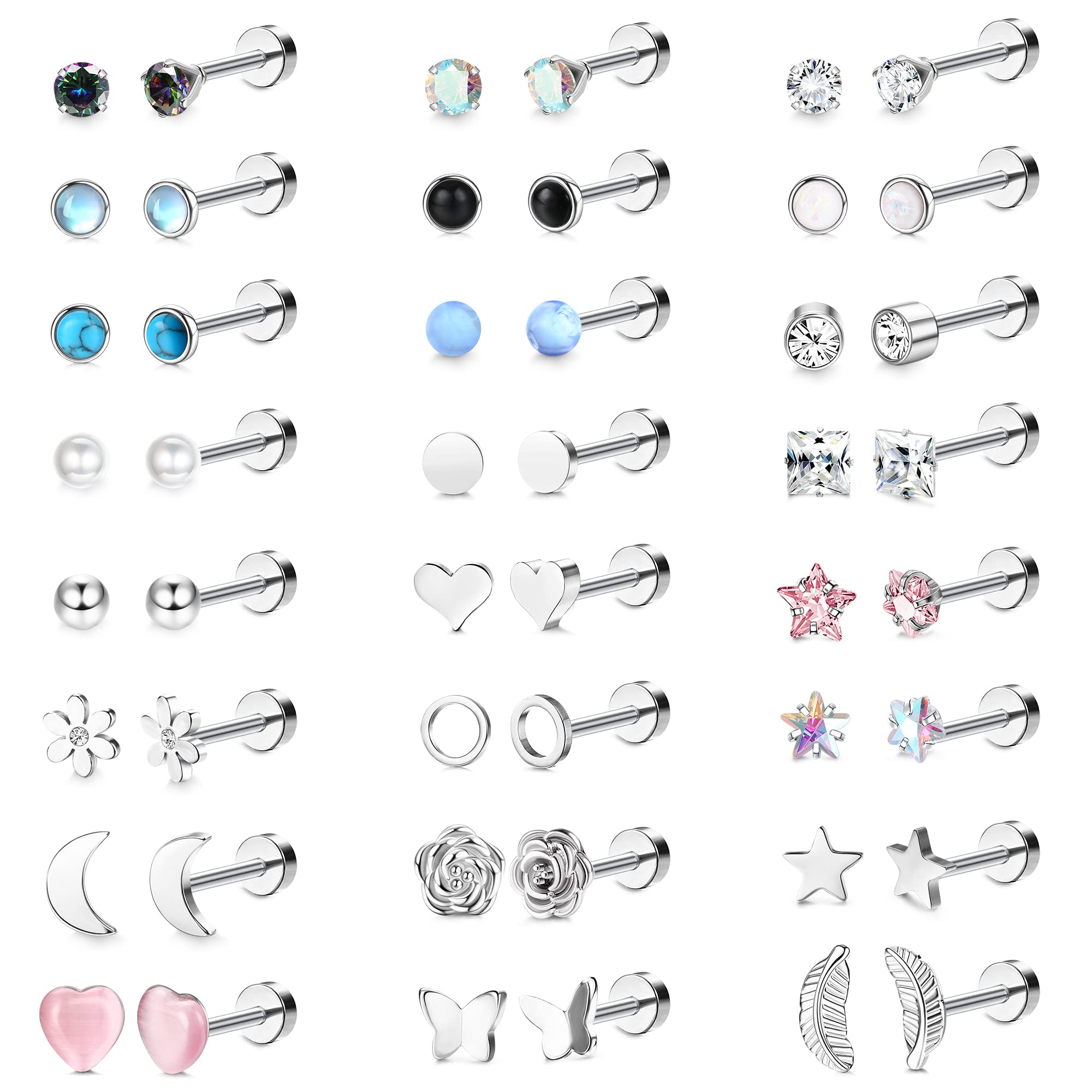 MILACOLATO 24 Pairs Acero Inoxidable Pendientes para Mujer y Niñas, Cartílago Trague Pendientes Huggie Pequeños Geométricos de Corazón Luna y Estrella con Circonita Cúbica Pendientes Set