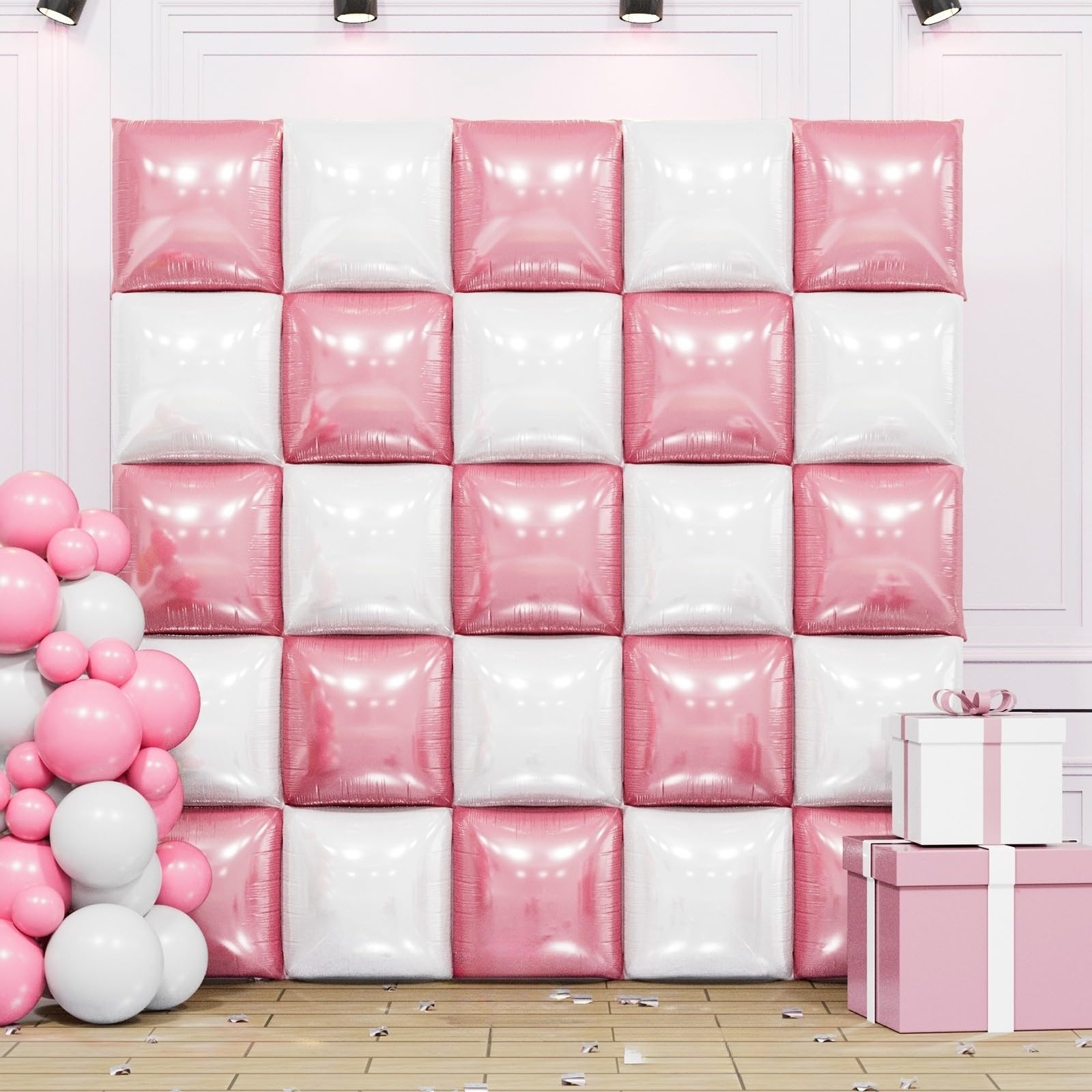 Pearl Pink and White Double Sided Square Foil Balloons Wall,19 Inches Chrome Foil Balloons Tunnel Arch Kit for Girls Bachelorette,Anniversary,Wedding,