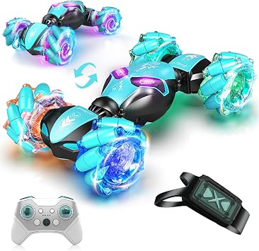 AEROQUEST Blue RC Stunt Car for Boys 4WD Off-Road Remote Control Cars with Gesture Sensing, 360 Drifting, Twist & LED Lights and Music, Cool All-Terrain Toy for Kids Age 8-12