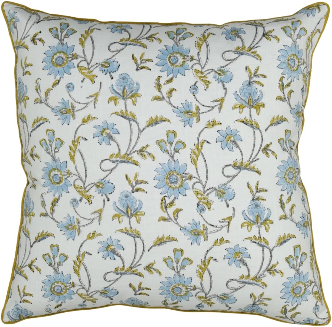 Olivia Floral Pillow Cover 26x26 – Large Handmade Cotton Block Print Cushion with Green Piping – Botanical Floral Decorative Pillowcase for Living Room, Couch, Sofa, or Reading Nook 1pc