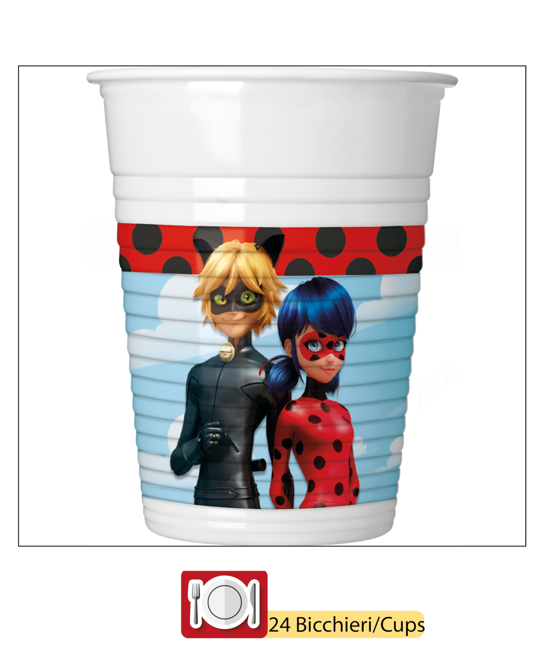 Kit Party Tavola Miraculous Ladybug per 24 persone (88 pezzi: 24 piatti Ø23cm, 24 bicchieri 200ml, 40 tovaglioli 33x33cm)