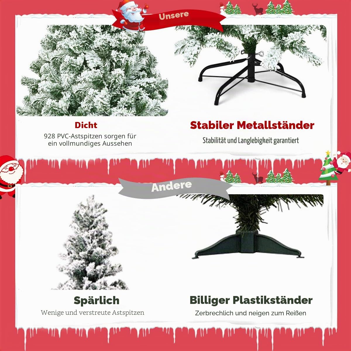 FANTASK 135cm Künstlicher Weihnachtsbaum mit Schnee, Christbaum 400 Spitzen PVC mit Metallständer, Tannenbaum Klappsystem für Zuhause Büro Geschäfte