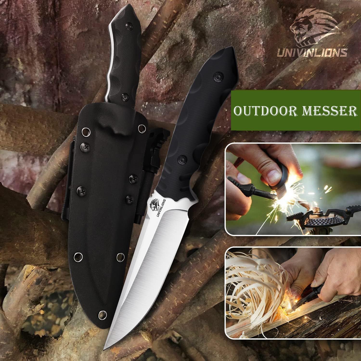 Survival Messer Outdoor-Jagdmesser mit Feststehender Klinge,Bushcraft Messer mit Scheide und Feuerstahl D2 Stahl, Full Tang K10 Griff Outdoor Messer zum Wandern Bushcraft BBQ